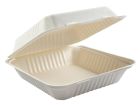 AmerCareRoyal HL-91-NPFA Primeware Large Hinged Lid Carryout Containers, Molded Fiber, 9" x 9" x 3.19", White / Natural - 200 / Case