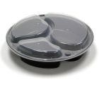 Pactiv NC9388B VERSAtainer 39 oz Plastic Containers & Lids, 3 Compartments, 9" Round, Black / Clear - 150 / Case