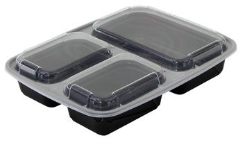 Pactiv NC333B VERSAtainer 32 oz Containers and Lids, 3 Sections, 9-7/8" x 7-1/2" x 1-3/4", Black / Clear - 150 / Case