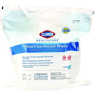 Clorox 30359 Healthcare Bleach Germicidal Wipes, Unscented, 12" x 12", 110 / Refill Pouch - 2 / Case