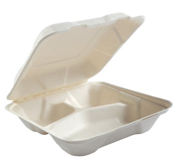 AmerCareRoyal HL-83 Primeware Medium Hinged Lid Carryout Containers, 3 Compartment, Molded Fiber, 7.875" x 8" x 2.5", White / Natural - 200 / Case