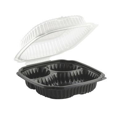 Anchor 4699931 Culinary Lites Plastic Hinged Lid Takeout Container, 3 Compartment, Microwavable, 9" x 9" x 3.13", Black / Clear - 100 / Case