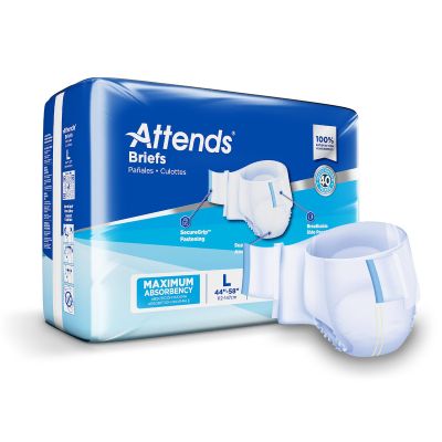 Attends Briefs Adult Diapers with Tabs, Large (44-58 in.), Maximum - 72 / Case