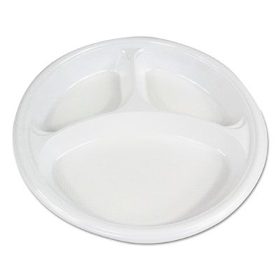 Boardwalk PLTHIPS10WH3 10" Plastic Plates, 3 Compartment, Hi-Impact, White - 500 / Case