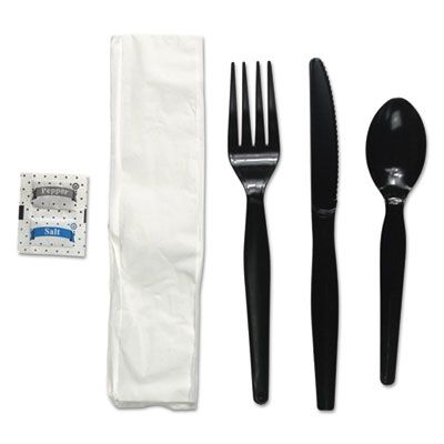 Boardwalk FKTNSHWPSBLA Wrapped Cutlery Kit, Fork, Heavyweight Black Plastic Knife, Spoon, Napkin, Salt, Pepper - 250 / Case