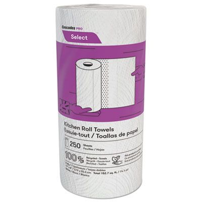 Cascades K250 Select Kitchen Roll Paper Towels, 2 Ply, Recycled, 8" x 11", 250 Perforated Sheets / Roll, White - 12 / Case