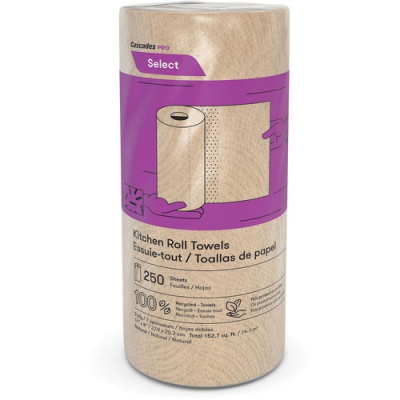 Cascades K251 Select Kitchen Roll Paper Towels, 2 Ply, Recycled, 8" x 11", 250 Perforated Sheets / Roll, Natural Brown - 12 / Case