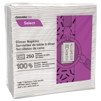Cascades N050 Select Paper Dinner Napkins, 1 Ply, 1/8 Fold, 8" x 4.13", White - 3000 / Case