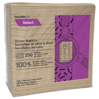 Cascades N055 Select Paper Dinner Napkins, 1 Ply, 1/8 Fold, 8" x 4.1", Natural - 3000 / Case