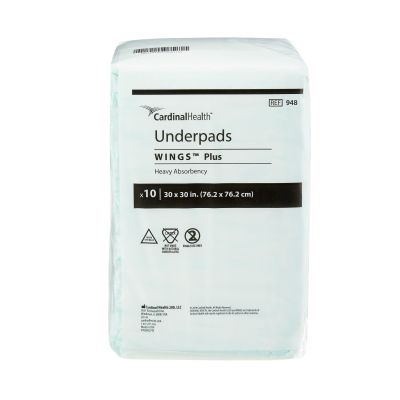 Cardinal Health 948 Wings Plus Underpads, 30" x 30", Fluff / Polymer, Heavy Absorbency - 100 / Case