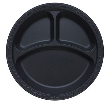 Ecopax PP103-BK 10.25" 3-Compartment Pebble Plates, Minerals / Polypropylene, Black - 400 / Case