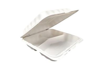 Ecopax PP883 Medium Hinged Lid Plastic Carryout Containers, 3 Compartment, Polypropylene, 8" x 8" x 3", White - 150 / Case