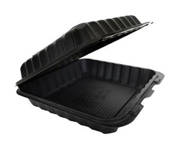 Ecopax PP883S-BK Medium Hinged Lid Plastic Food Containers, Microwavable, Polypropylene, 8" x 8" x 3", Black - 150 / Case