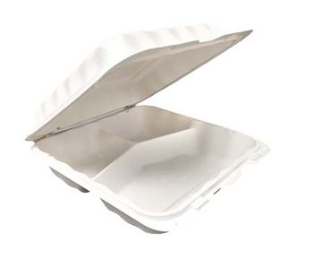 Ecopax PP993 Large Plastic Hinged Lid Carryout Container, 3 Compartment, Polypropylene, 9.1" x 8.8" x 3", White - 150 / Case