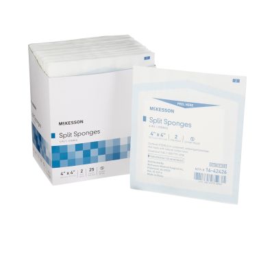 McKesson 16-42426 Split Sponges for I.V. / Drain / Tube, Polyester / Rayon, 4" x 4", Sterile - 600 / Case