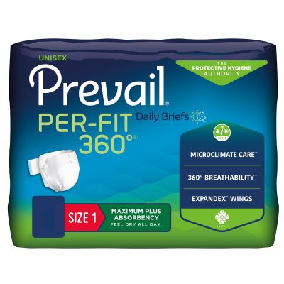 Prevail Per-Fit 360° Daily Briefs Adult Diapers with Tabs, Size 1 (Medium 26-48 in.), Maximum Plus - 20 / Case