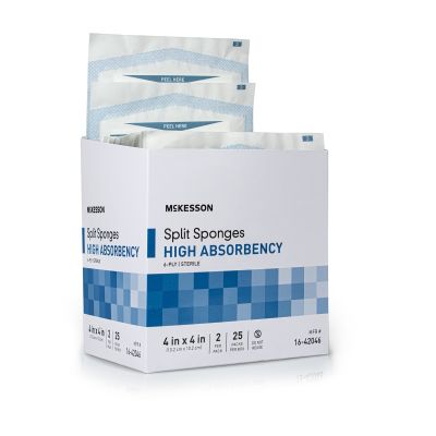 McKesson 16-42046 Split Sponges, High Absorbency for I.V. / Drains / Tubes, 6-Ply Polyester / Rayon, 4" x 4", Sterile - 600 / Case