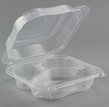 Genpak CLX203-CL Clover Large Hinged Lid Plastic Carryout Container, 3 Compartment, Polypropylene, 8.35" x 8.32" x 2.88", Clear - 150 / Case