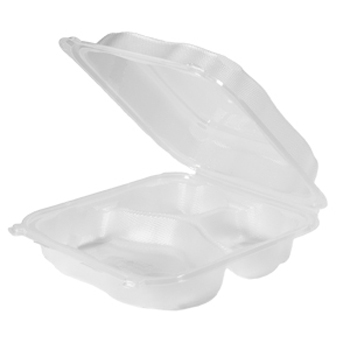 Genpak CLX399-CL Clover Hinged Lid Carryout Container, 3 Compartments, Polypropylene, 9.23" x 9.65" x 2.88", Clear - 150 / Case