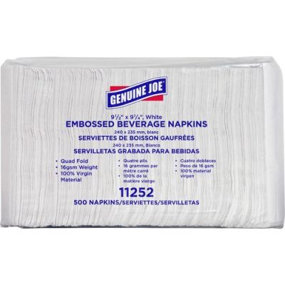 Genuine Joe 11252 Paper Beverage Napkins, 1 Ply, 1/4 Fold, Square, White - 4000 / Case