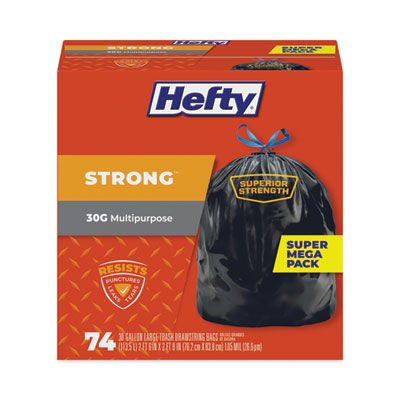 Pactiv E85274 Hefty Strong 30 Gallon Kitchen Trash Bags, Drawstring, 1.1 Mil, 30" x 33", Black - 222 / Case