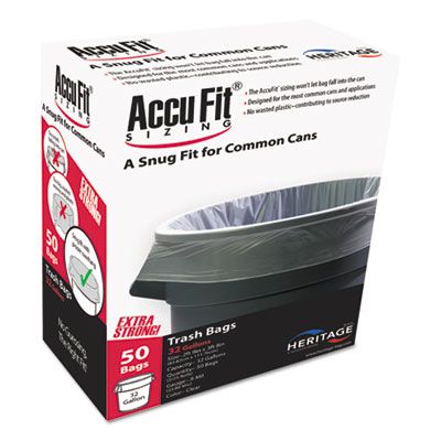 Heritage H6644TCRC1 Accufit 32 Gallon Trash Can Liners / Garbage Bags, 0.9 Mil, 33" x 44", Clear - 50 / Case