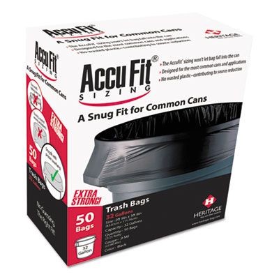 Heritage H7450TKRC1 Accufit 44 Gallon Trash Can Liners / Garbage Bags, 0.9 Mil, 37" x 50", Black - 50 / Case 