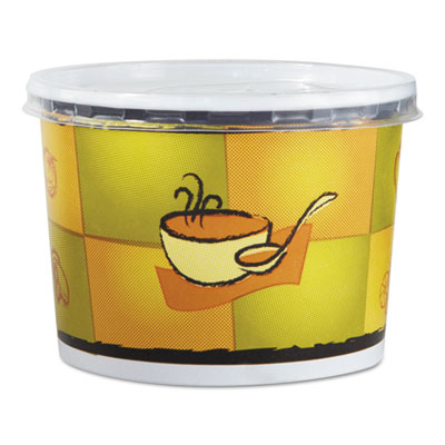 Huhtamaki 70412 Chinet 12 oz Squat Paper Hot / Cold Food Container w/ Lid, Streetside Design - 250 / Case