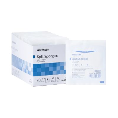 McKesson 16-42026 Split Sponges, High Absorbency for I.V. / Drains / Tubes, 6-Ply Polyester / Rayon, 2" x 2", Sterile - 1400 / Case