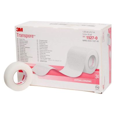 3M 1527-0 Transpore Surgical Medical Tape, Porous Plastic, 1/2" x 10 Yds Roll, Transparent - 24 / Case