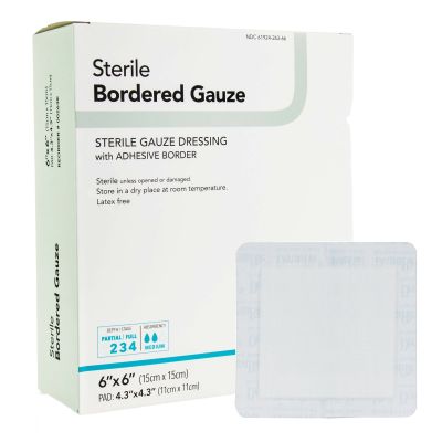 DermaRite Industries 00263E Adhesive Dressing, Bordered Gauze, 6" x 6", White, Sterile - 25 / Case