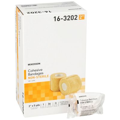 McKesson 16-3202 Cohesive Wrap Bandage, 2" x 5 Yds Roll, Self-Adherent Closure, Tan - 36 / Case