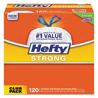 Pactiv E84562 Hefty Strong 13 Gallon Kitchen Trash Bags, Drawstring, 0.9 Mil, 23.75" x 27", White - 360 / Case