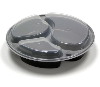 Pactiv NC9388B VERSAtainer 39 oz Plastic Containers & Lids, 3 Compartments, 9" Round, Black / Clear - 150 / Case