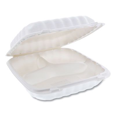 Pactiv YCN80903 EarthChoice SmartLock Plastic Hinged Lid Containers, 3 Compartment, Microwavable, 9" x 9" x 3.1", White - 120 / Case
