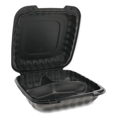 Pactiv YCNB09030000 EarthChoice SmartLock Plastic Hinged Lid Containers, 3 Compartment, Microwavable, 9.33" x 8.88" x 3.1", Black - 120 / Case