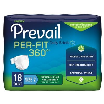 Prevail Per-Fit 360° Daily Briefs Adult Diapers with Tabs, Size 2 (Large 45-62 in.), Maximum Plus - 72 / Case