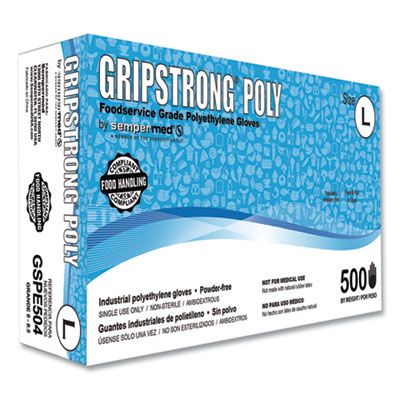 SemperMed GSPE504 GripStrong Poly Disposable Foodservice Gloves, Polyethylene, Powder-Free, Large, Clear - 10000 / Case