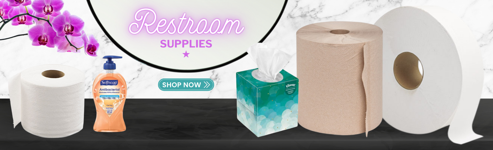 Shop for standard rolls of toilet paper, pump bottles of Softsoap antibacterial hand soap, Kleenex tissues, hardwound roll paper towels, large commercial bath tissue rolls, and more in the Restroom Supplies category.